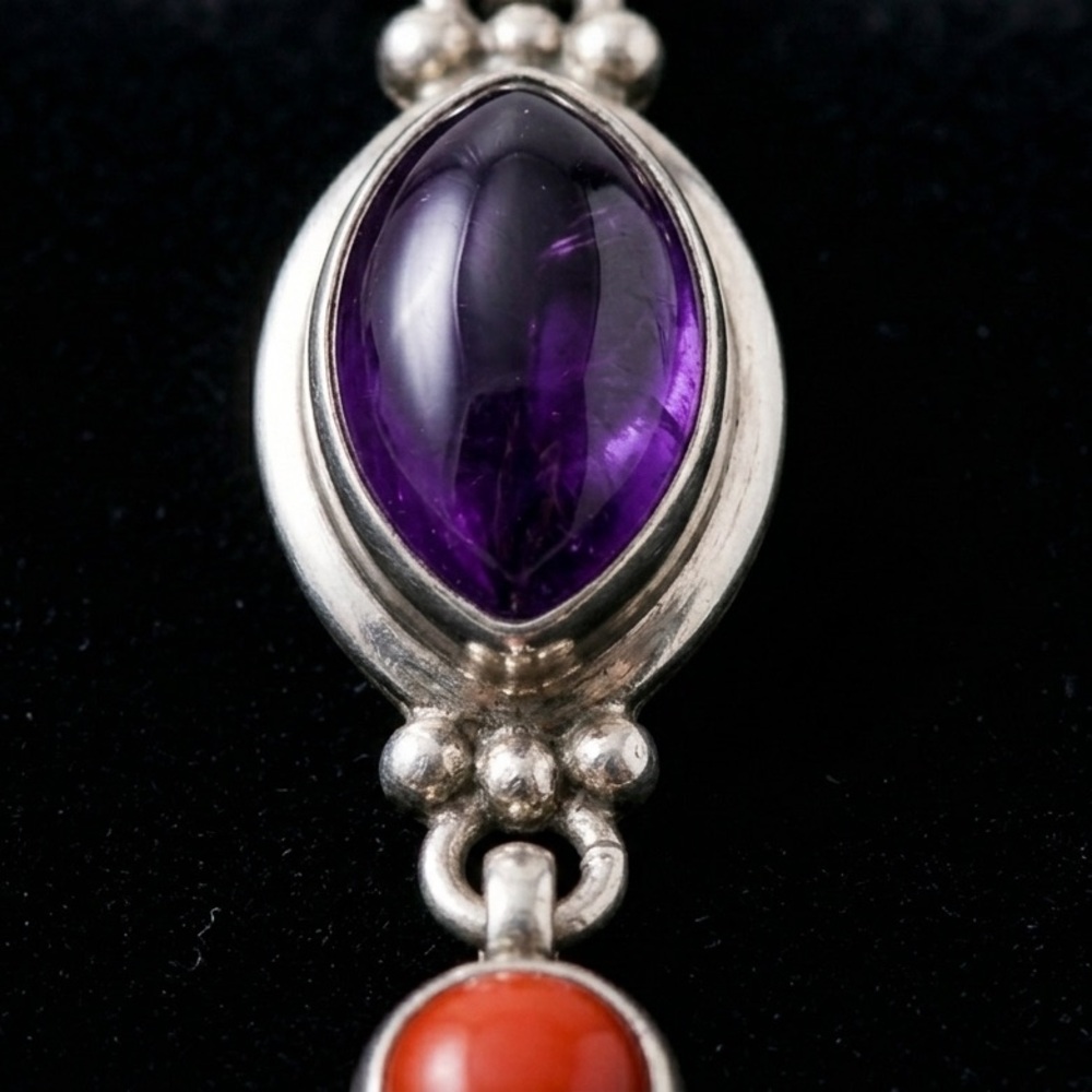 Sterling Silver SH Multi Stone Toggle Bracelet Turquoise Coral Amethyst Artisan - Picture 11 of 12